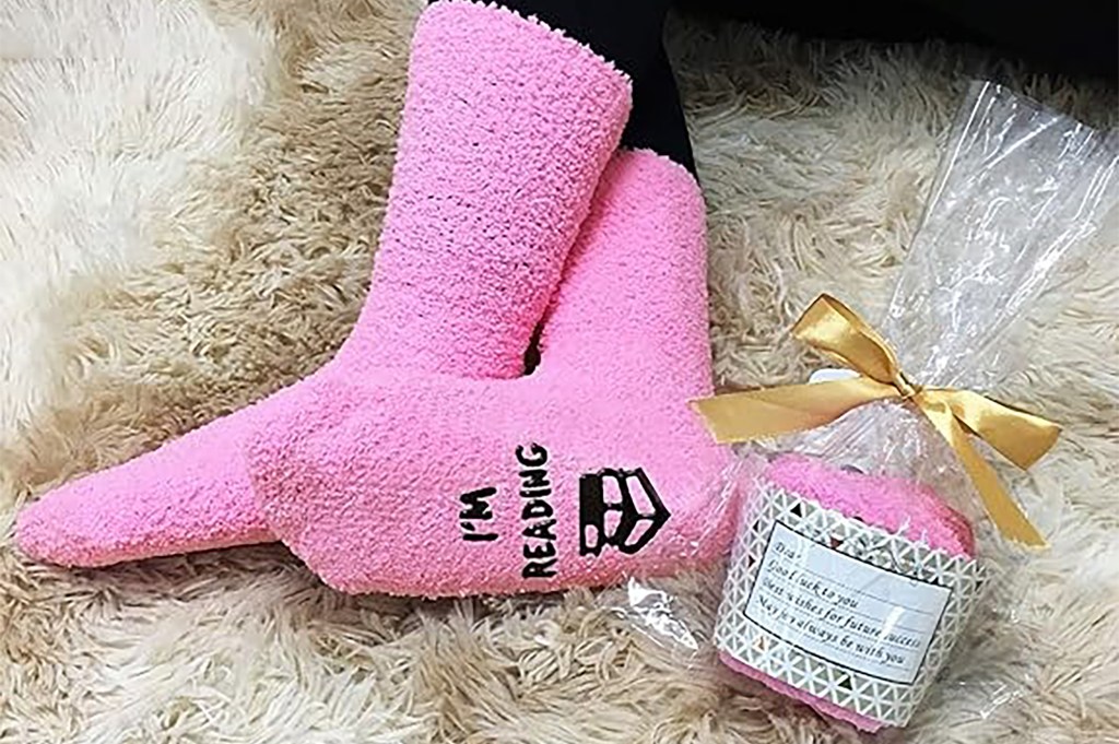 Pink fuzzy reading socks