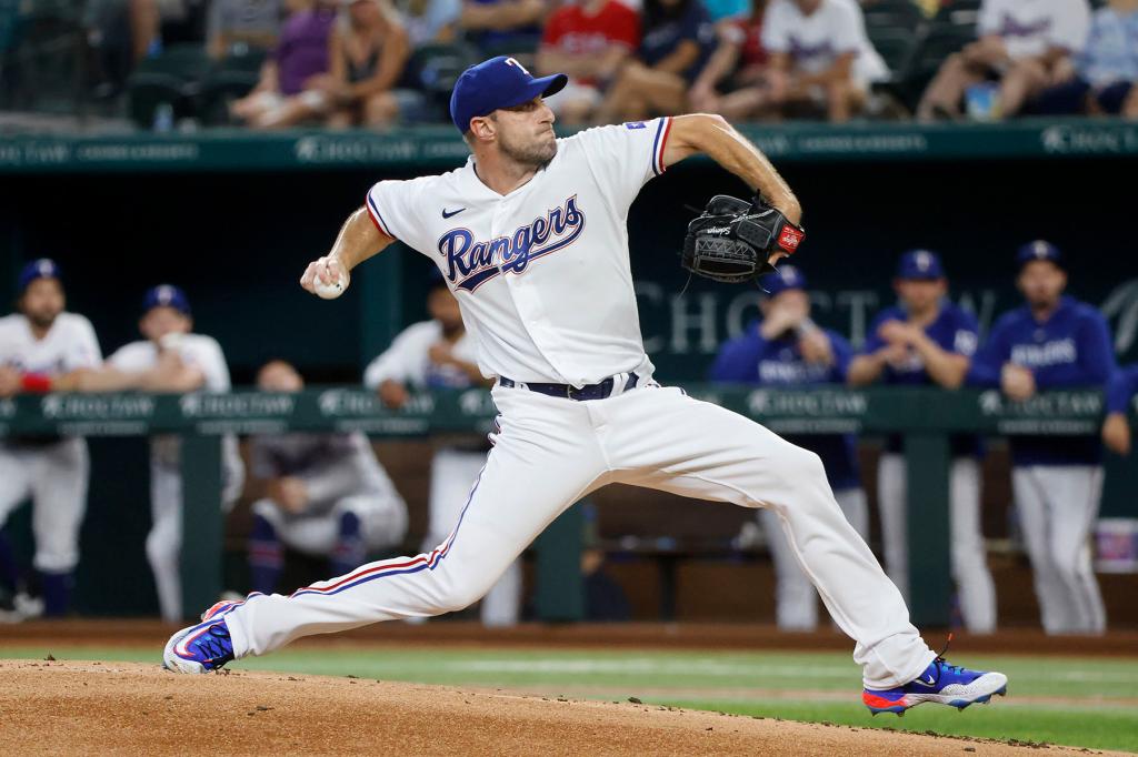 Texas Rangers starting pitcher Max Scherzer throws agains the Chicago White Sox during the second inning of a baseball game Thursday, Aug. 3, 2023, in Arlington, Texas. 