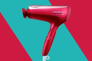 Tescom Collagen, Platinum & Nano-Sized Mist Hair Dryer on a pink and blue background.