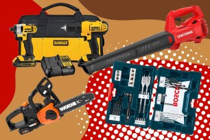 Sale tools including chainsaw and leafblower on a red, beige, and brown background.