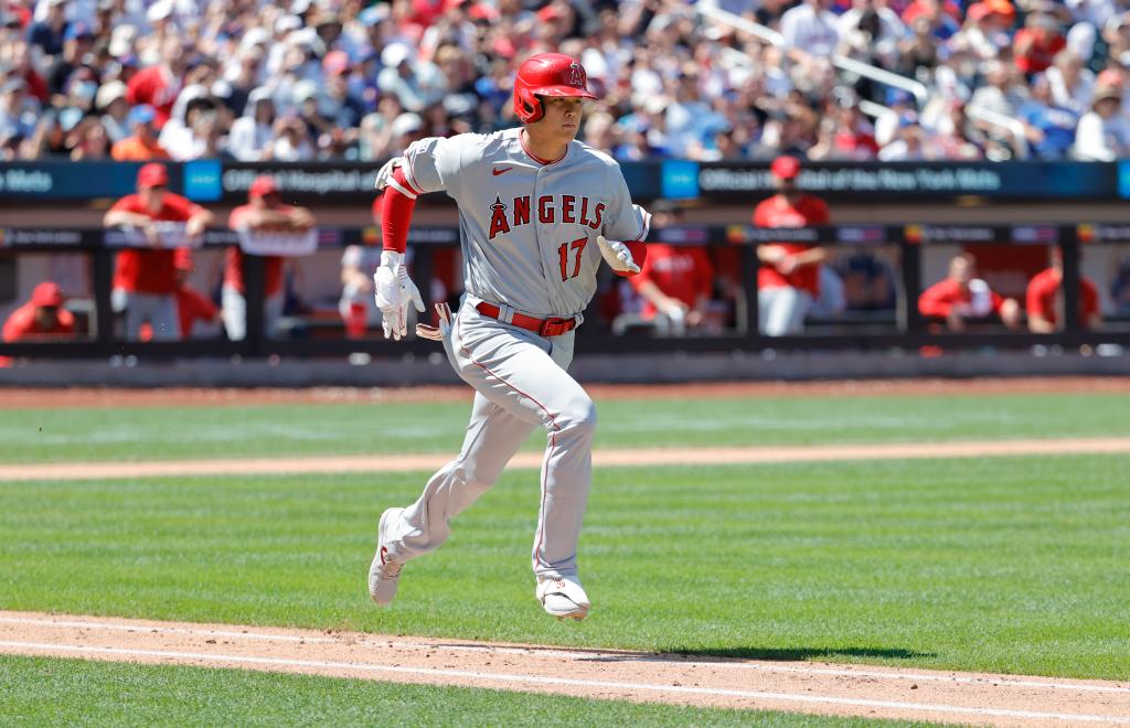 Los Angeles Angels designated hitter Shohei Ohtani hits a ground out to second base against the New York Mets in the sixth inning at Citi Field in Queens, New York, Sunday, August 27, 2023.