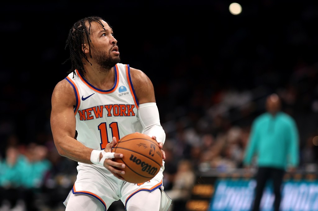 Jalen Brunson #11 of the New York Knicks puts up a shot against the Washington Wizards in the first half during an NBA In-Season Tournament.