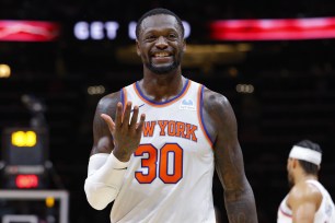 Julius Randle #30 of the New York Knicks reacts during the fourth quarter against the Atlanta Hawks.