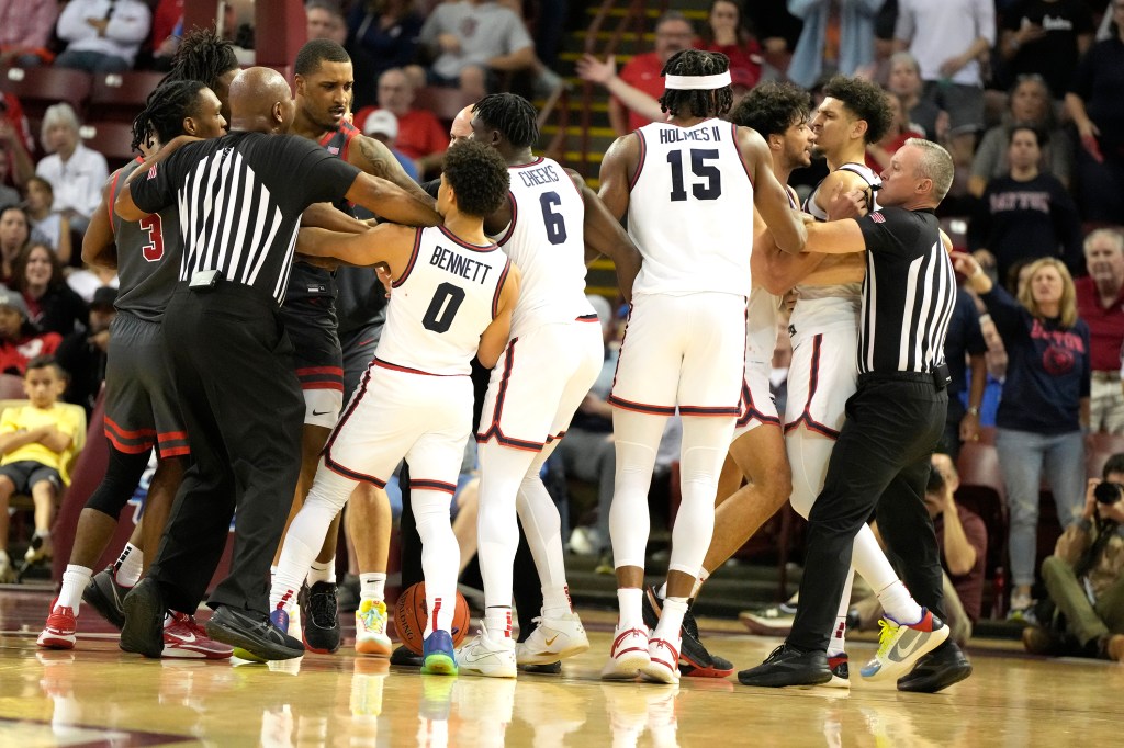 The St. John's Red Storm and Dayton Flyers get into a scuffle in the second half 