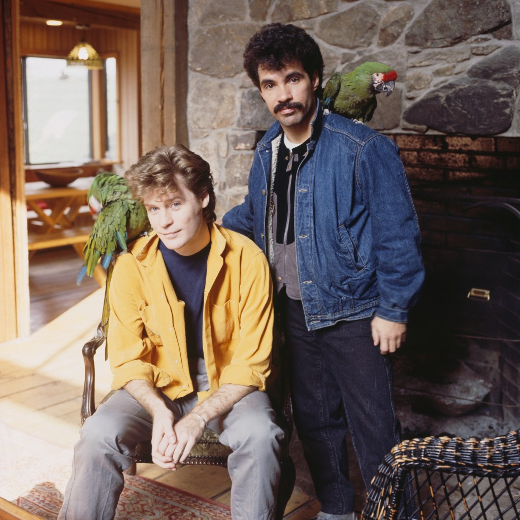 Daryl Hall (left) and John Oates of American pop duo Hall and Oates, posing, each with a parrot on his shoulder in upstate New York in 1983.