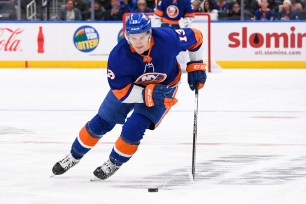 Mathew Barzal skates with the puck during the Islanders' 3-2 win over the Flyers.