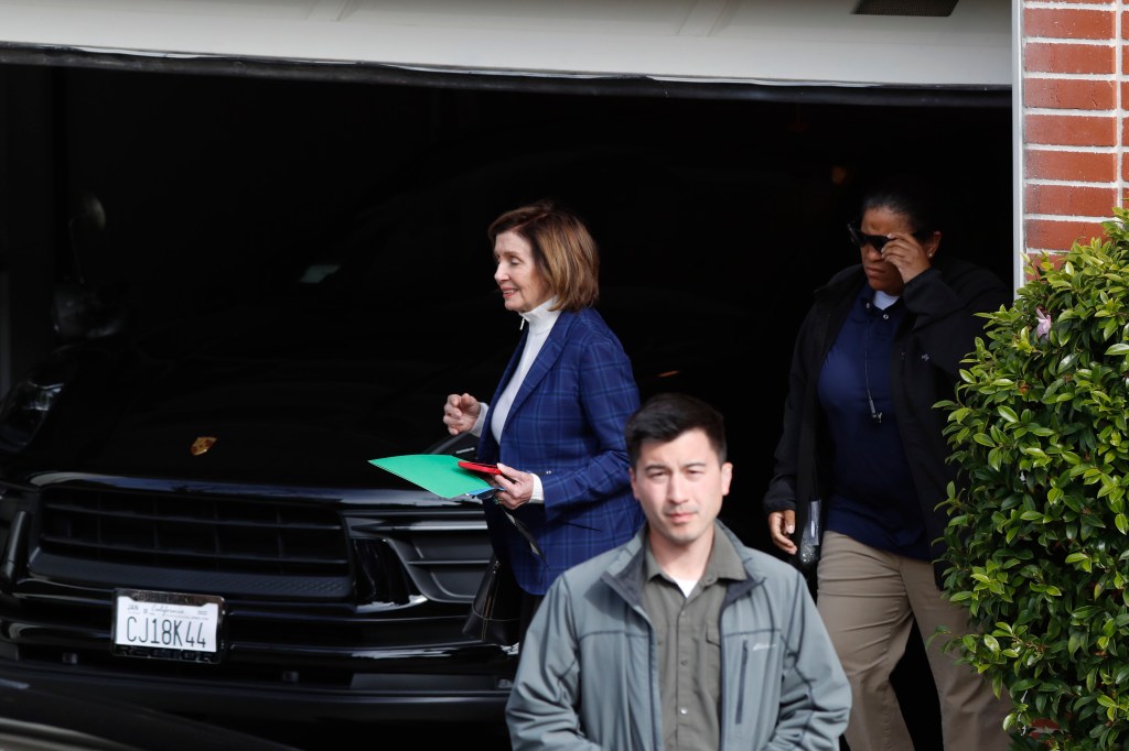 House Speaker Nancy Pelosi leaves her San Francisco home on Friday, November 4, 2022. Her husband Paul Pelosi, was attacked and severely beaten by an assailant with a hammer who broke into their San Francisco home early Friday, October 28, 2022.