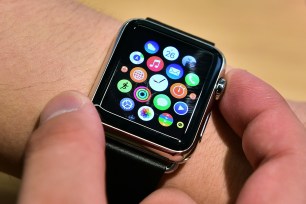 (FILES) This June 26, 2015 file photo shows an "Apple Watch" at an Apple shop in Seoul.  The global market for wearable technology is seeing a surge, led by watches, smart clothing and other connected gadgets, a research report said December 17, 2015.  IDC said its forecast showed the worldwide wearable device market will reach a total of 111.1 million units in 2016, up 44.4 percent from this year. AFP PHOTO / JUNG YEON-JE JUNG YEON-JE/AFP/Getty Images