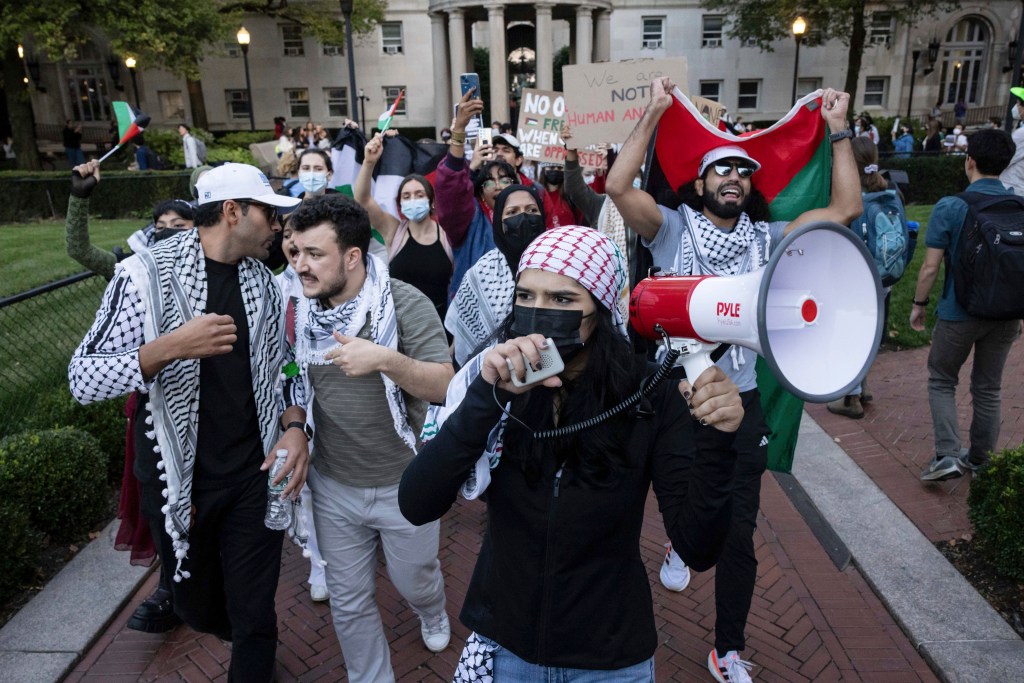 Pro-Palestinian protestors take part in a protest at Columbia University on Thursday, Oct. 12.