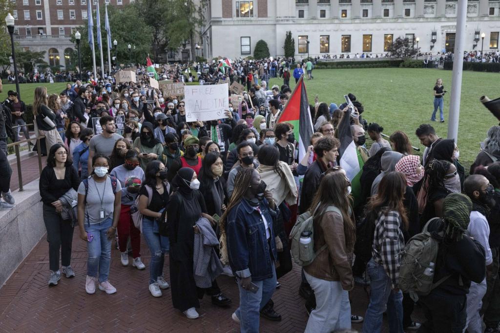 Palestinian supporters take part in a march around Columbia University's campus during a protest on Oct. 12, 2023.