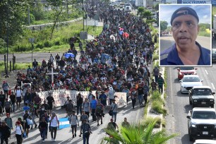 A caravan of some 7,000 migrants - the largest since June 2022 (pictured) -- is marching toward the U.S. southern border, and one of its leaders (top right) says President Biden's immigration policies are to blame for the crisis