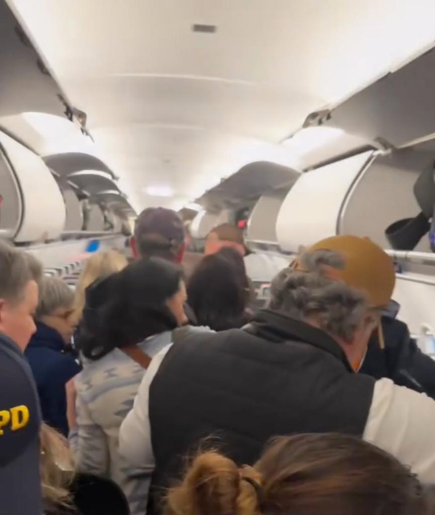 This is the frantic moment when aircrew jumped into action after a passenger's bag was set on fire whilst sitting at John F. Kennedy International New York airport.