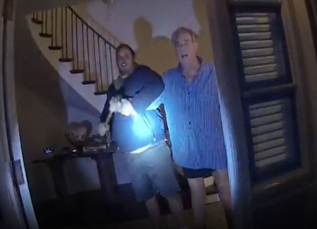 (FILES) This still image from a San Francisco Police Department police body-cam video ordered released by San Francisco Superior Court, shows suspect David DePape (L) assaulting Paul Pelosi, husband of former Speaker of the House Nancy Pelosi, at their San Francisco home on October 28, 2022. The trial of the man who allegedly attacked US politician Nancy Pelosi's husband with a hammer in the couple's California home was set to get under way on November 6, 2023. A jury was due to be selected in the federal trial of David DePape, who is charged with assault of Paul Pelosi and the attempted kidnapping of the then-speaker of the US House of Representatives in October 2022. 