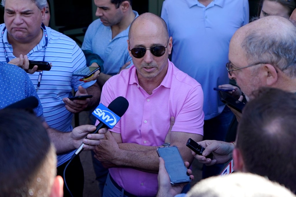 Yankees general manager Brian Cashman speaks during the Major League Baseball's general manager meetings