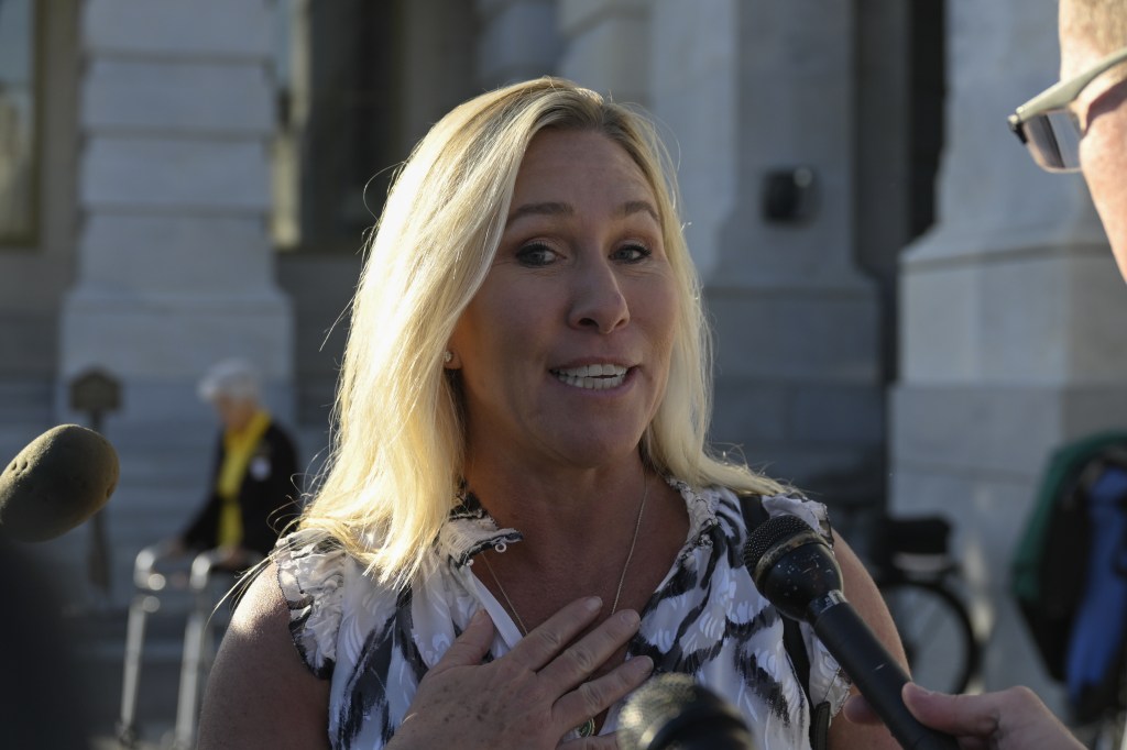 United States Representative Marjorie Taylor Greene speaks to press in front of the U.S. Capitol in Washington DC, United States on November 8, 2023. 