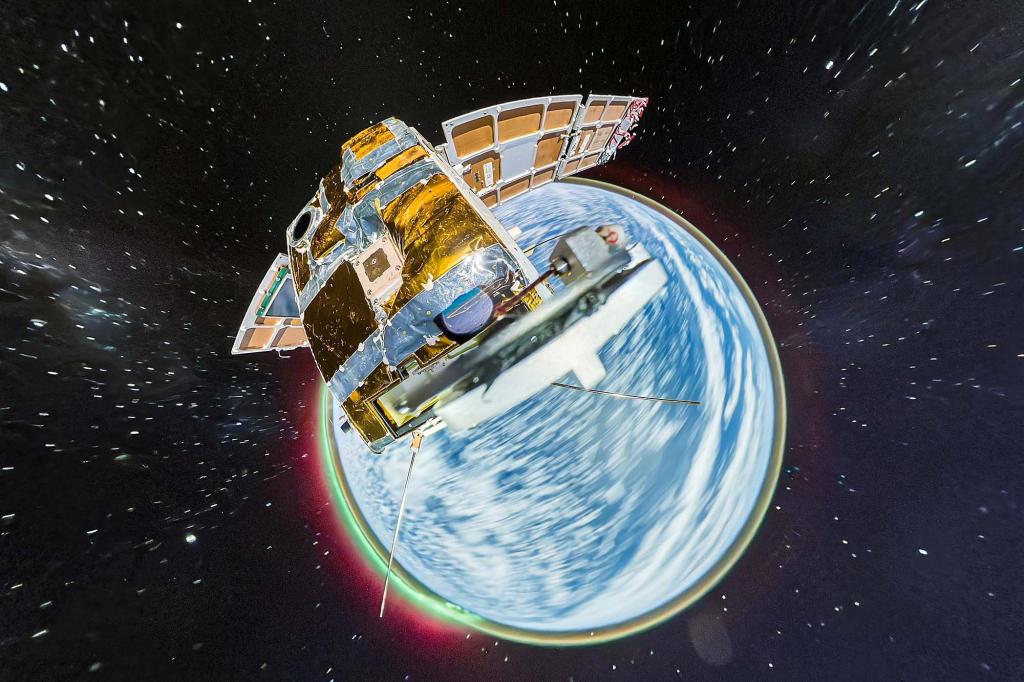 A view from the Insta360 360 degree camera attached to a satellite is seen in outer space.