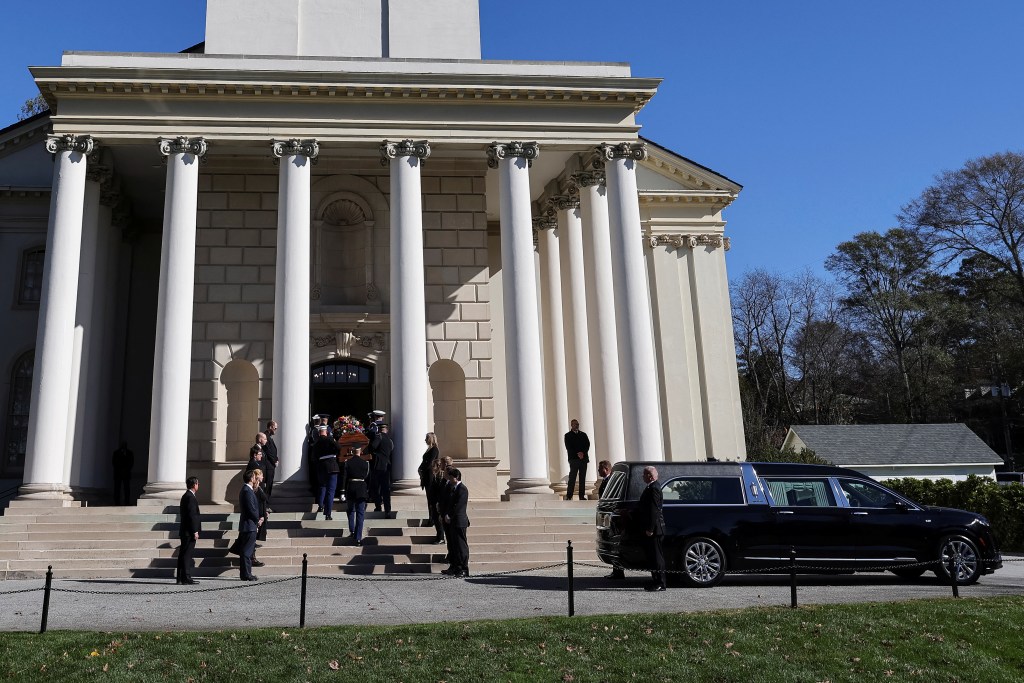 The casket of former U.S. first lady Rosalynn Carter arrives at Glenn Memorial Church.