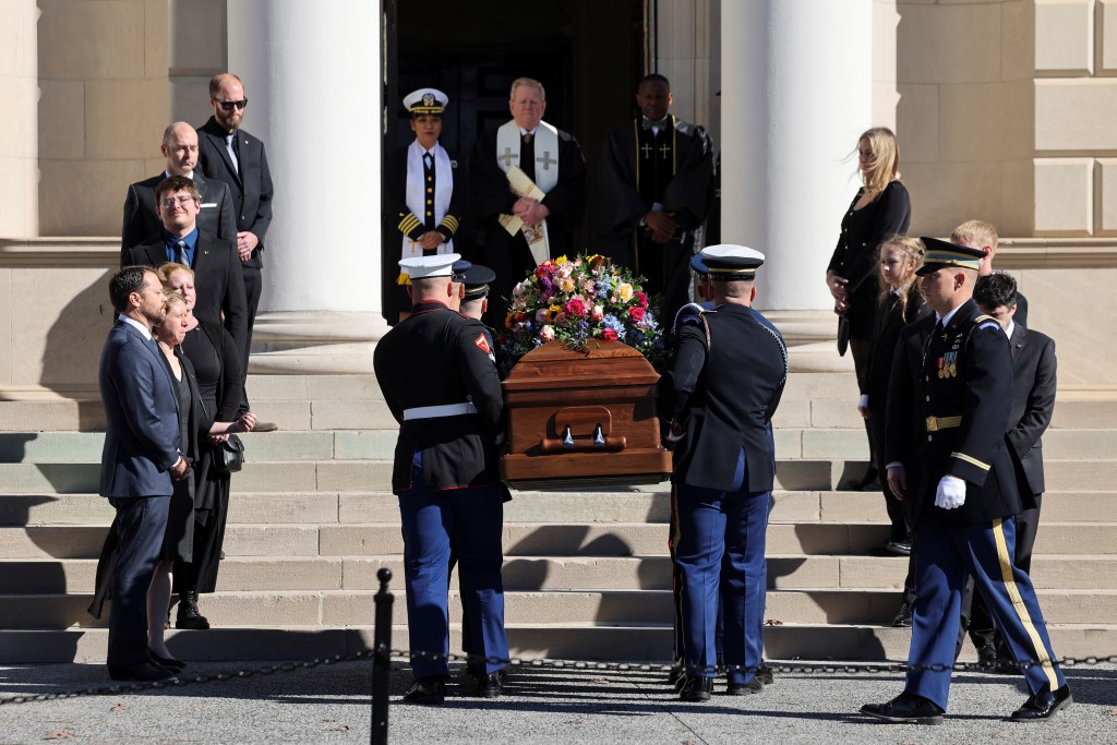 The casket of former U.S. first lady Rosalynn Carter, wife of former U.S. President Jimmy Carter, arrives at Glenn Memorial Church in Atlanta, Georgia, U.S. November 28, 2023. 