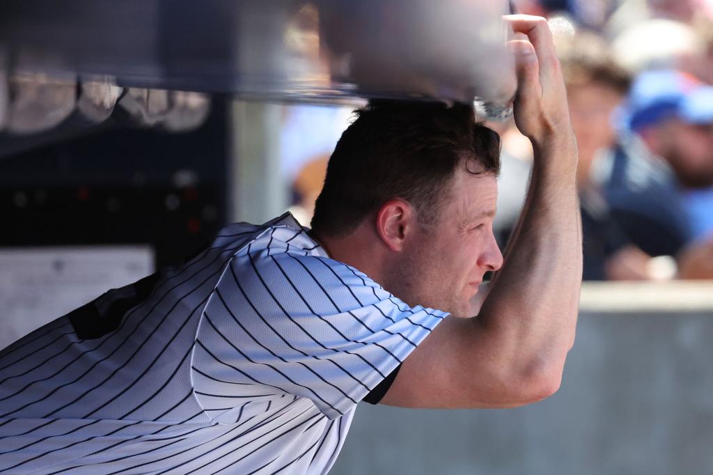 New York Yankees starting pitcher Gerrit Cole (45) watches the seventh inning from the dugout when the New York Yankees played the San Diego Padres Sunday, May 28, 2023 at Yankee Stadium in the Bronx, NY. 