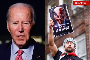 A protestor accusing President Biden of supporting genocide at a DC pro-Palestinian protest.