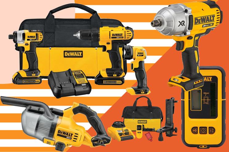 DeWalt sale items on an orange and white background.