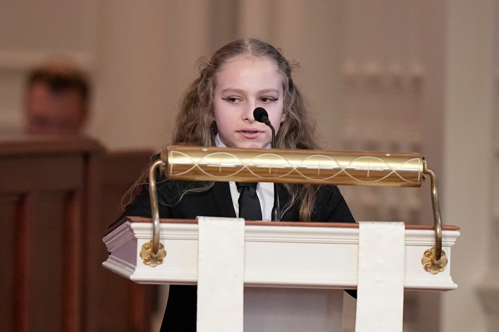 Errol Carter Kelly, granddaughter of former first lady Rosalynn Carter, reads scripture at a tribute service for the former first lady at Glenn Memorial Church at Emory University on Tuesday, Nov. 28, 2023, in Atlanta.