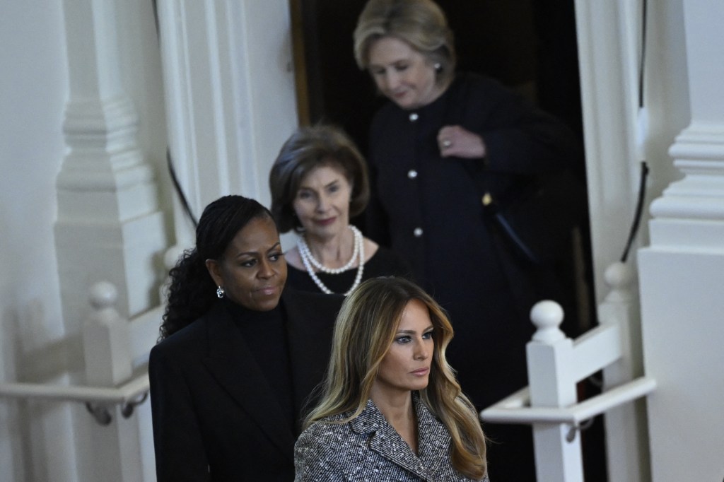 Former US Secretary of State Hillary Clinton, former US First Lady Laura Bush, former US First Lady Michelle Obama, and former US First Lady Melania Trump arrive for a tribute service for former US First Lady Rosalynn Carter, at Glenn Memorial Church in Atlanta, Georgia, on November 28, 2023.