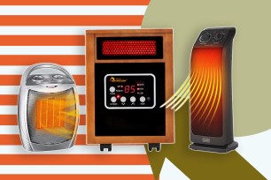 space heaters on orange and white striped background and green arrow