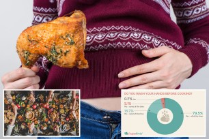 Junk food eating too much concept. Cropped close up photo of girl holding hands palm on big full abdomen feeling heartburn after fatty greasy nutrition isolated grey background