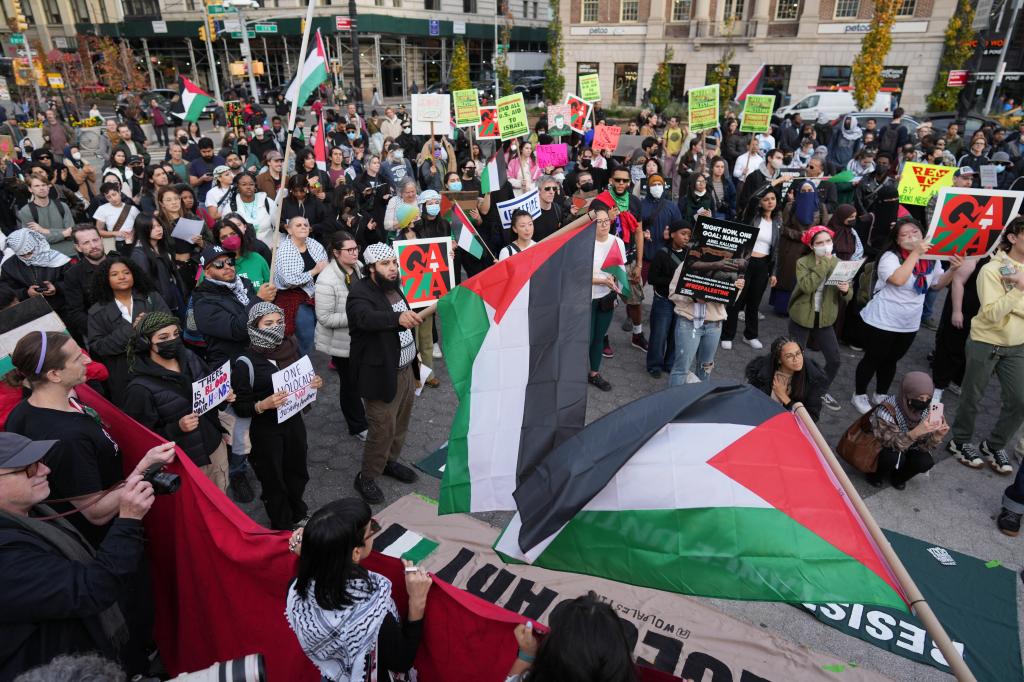 People gather for a "Shut It Down for Palestine" protest at Union Square  on Friday, Nov. 17, 2023 in New York, N.Y