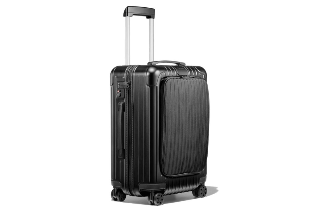 Black carry-on suitcase with front sleeve