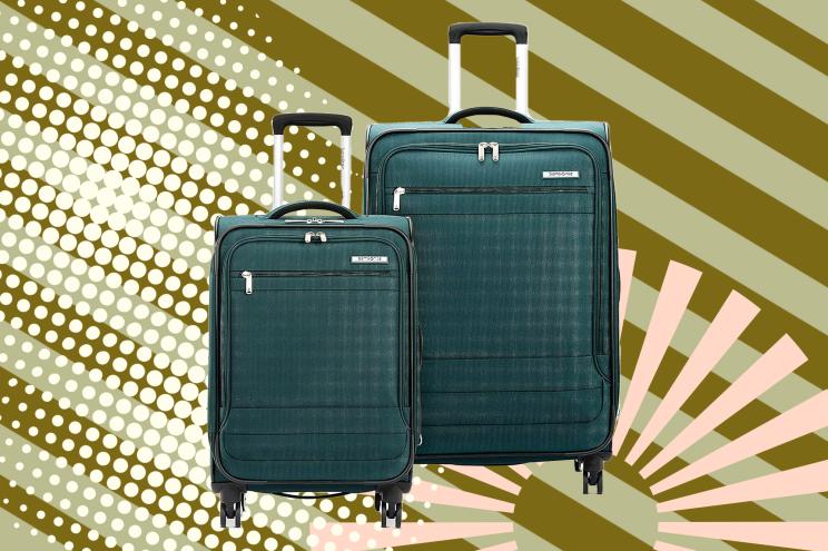 Samsonite luggage set on a green background.