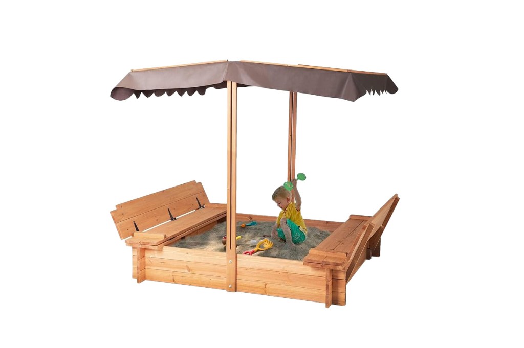sand box with two seats and a cover