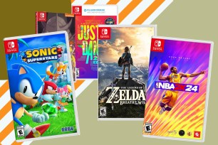 Nintendo Switch games on a green and orange background.