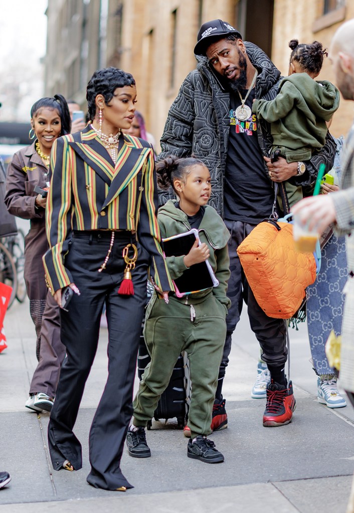 Teyana Taylor, Iman Tayla Shumpert Jr., Iman Shumpert and Rue Rose Shumpert are seen on the Upper West Side on March 28, 2023 in New York City. 