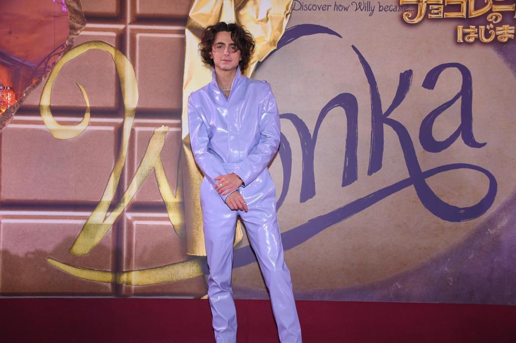 Timothee Chalamet looks like a Chocolate Factory worker in purple jumpsuit at Willy Wonka premiere. https://www.instagram.com/p/Cz31EzKvGpZ/