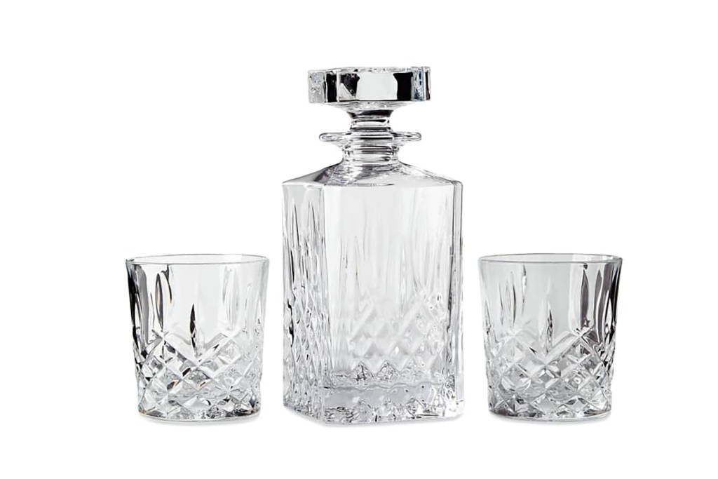 whiskey decanter set in glass
