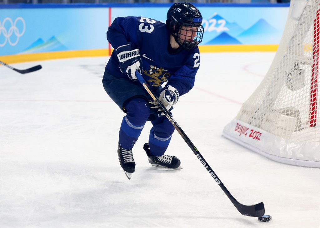 Forward Sanni Hakala #23 of Team Finland skates with the puck against Team Switzerland in the second period during the Womenâs Ice Hockey Bronze medal match between Team Finland and Team Switzerland on Day 12 of the Beijing 2022 Winter Olympic Games at Wukesong Sports Centre on February 16, 2022 in Beijing, China.