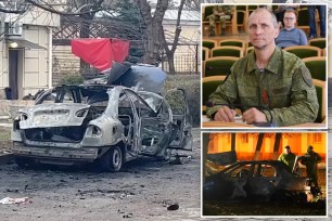 Oleg Popov (top right), a former deputy of the Moscow-backed Luhansk Regional Parliament, was killed when his car was blown up (left, bottom right) in the middle of occupied Luhansk in an attacked allegedly orchestrated by Ukraine's security services