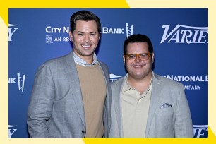 Andrew Rannells (L) and Josh Gad co-star in "Gutenberg! The Musical!" on Broadway.