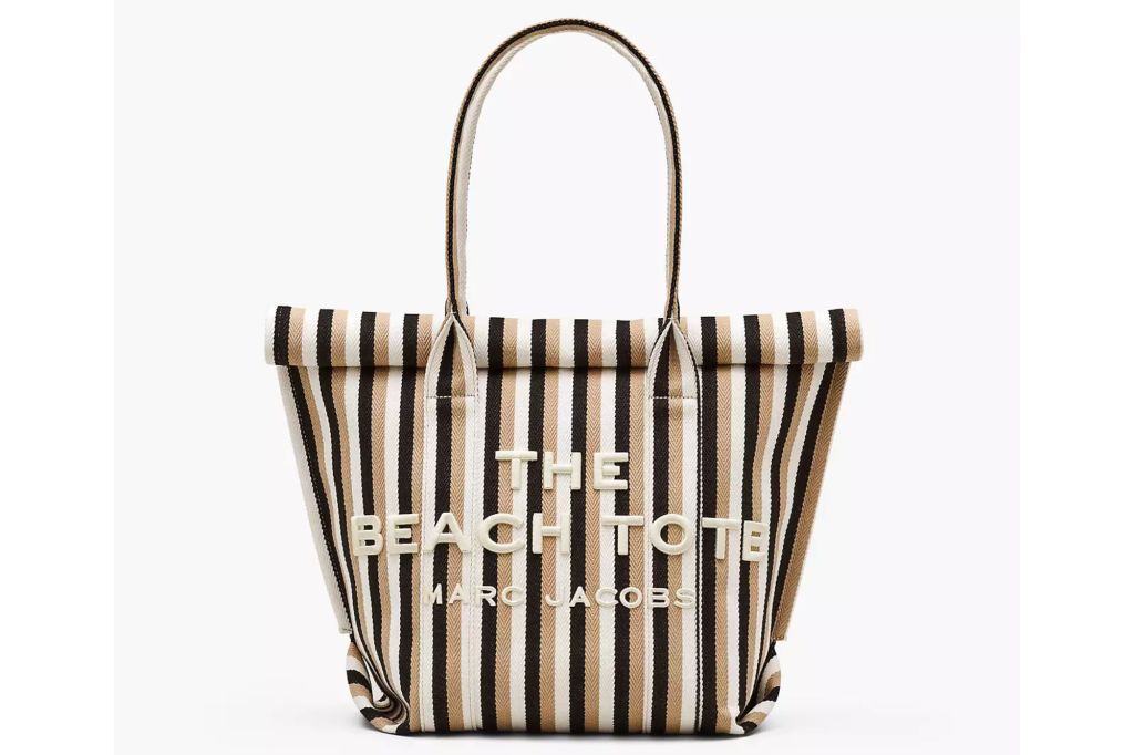 A large striped tote with Marc Jacob logo on front.