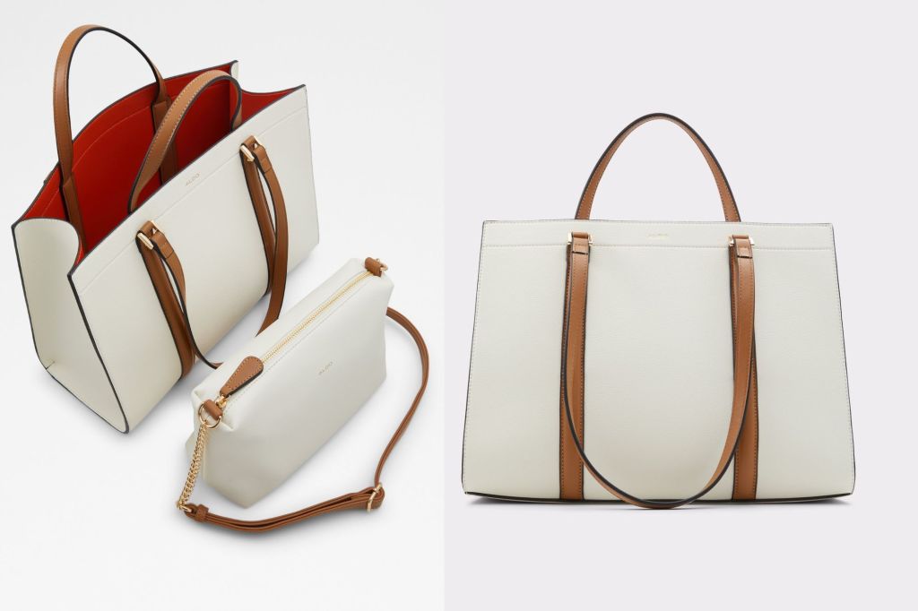 A white and brown purse up close on the right hand side; a white and brown purse opened, and a smaller bag in front of it.