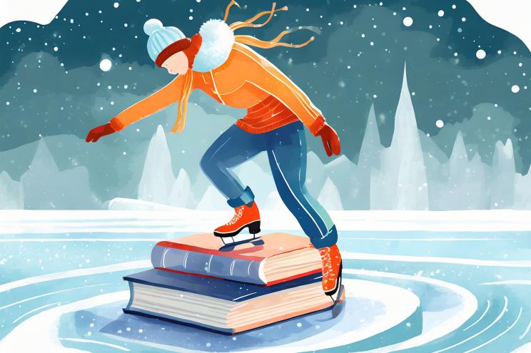 Illustration of an ice-skater standing on a stack of books atop the ice, with the New York City skyline in the distance.