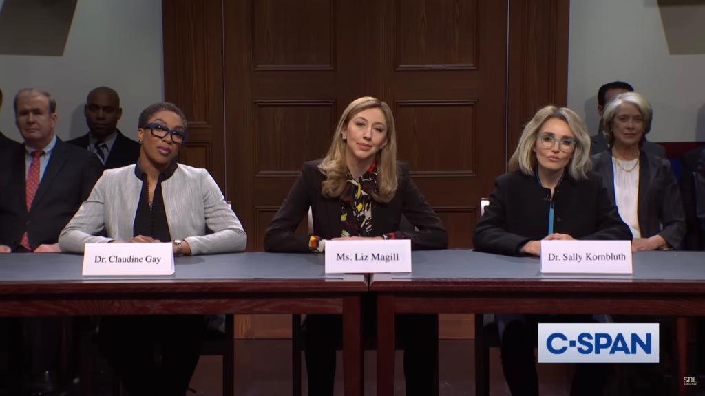 Ego Nwodim as Claudine Gay; Chloe Fineman as Sally Kornbluth and Heidi Gardner as Liz Magill