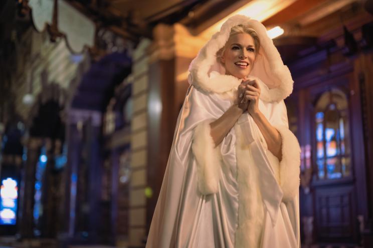 Hannah Waddingham in a white cloak.