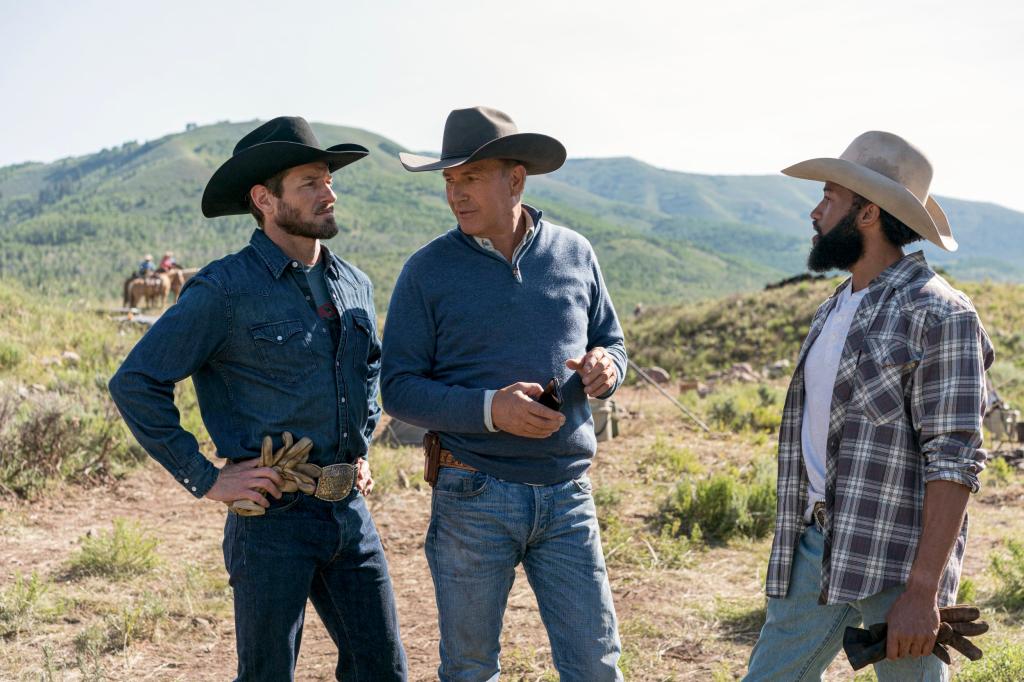 Ian Bohen as Ryan, Kevin Costner as John Dutton and Denim Richards as Colby in "Yellowstone." 