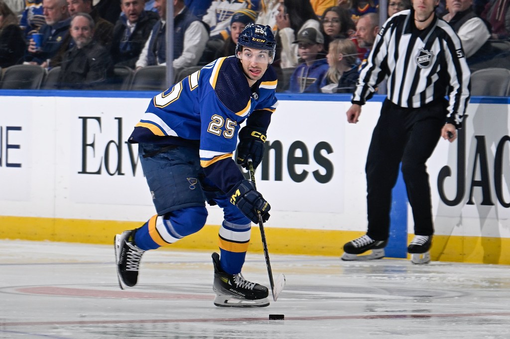 Jordan Kyrou #25 of the St. Louis Blues controls the puck against the Ottawa Senators