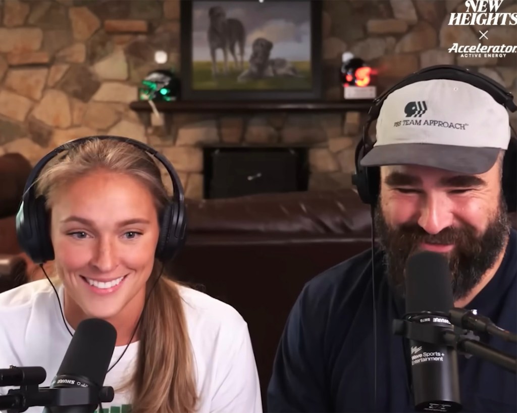 Kylie Kelce and Jason Kelce on a September episode of the "New Heights" podcast.