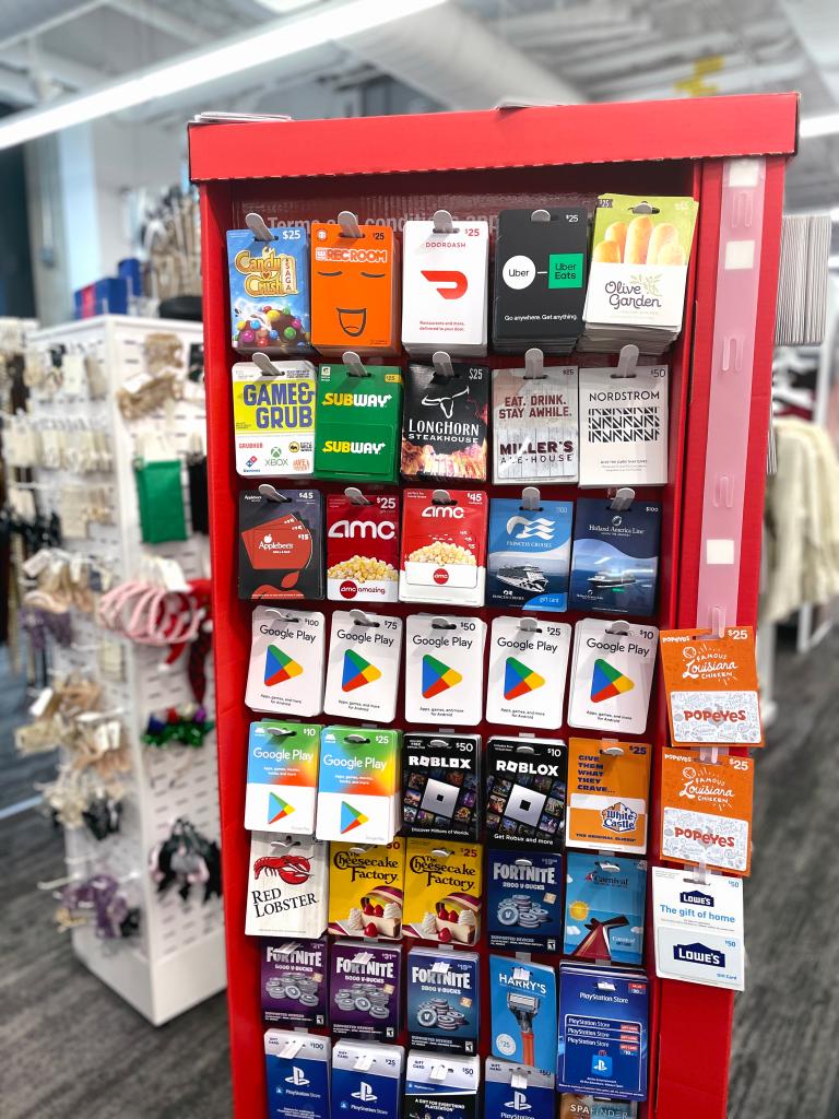 Gift cards on display in a store