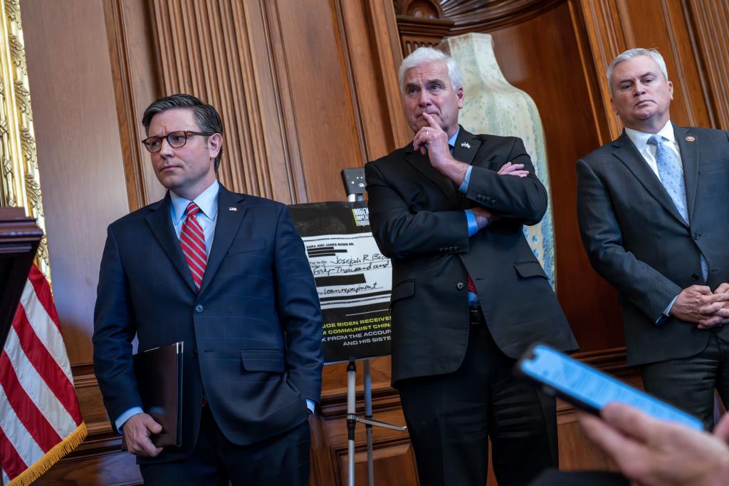 From left, Speaker of the House Mike Johnson, R-La., Majority Whip Tom Emmer, R-Minn., and Oversight and Accountability Committee Chairman James Comer, R-Ky., meet with reporters to discuss their efforts to investigate President Joe Biden and his son Hunter Biden, at the Capitol in Washington, Wednesday, Nov. 29, 2023.